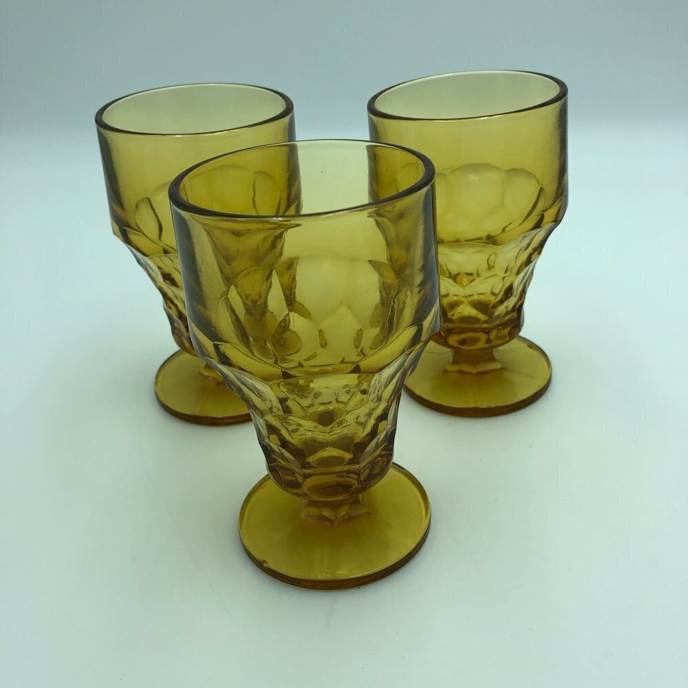 Vintage Amber Glass Chunky Stemmed Glasses Set of 3